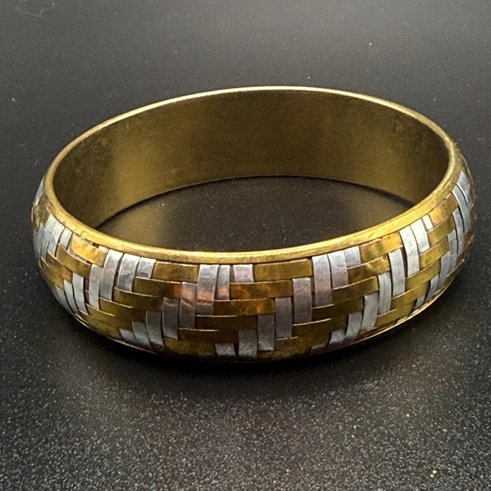 Vintage Woven Lattice Weave Two Tone Brass and Silver Tone Boho Bangle Bracelet